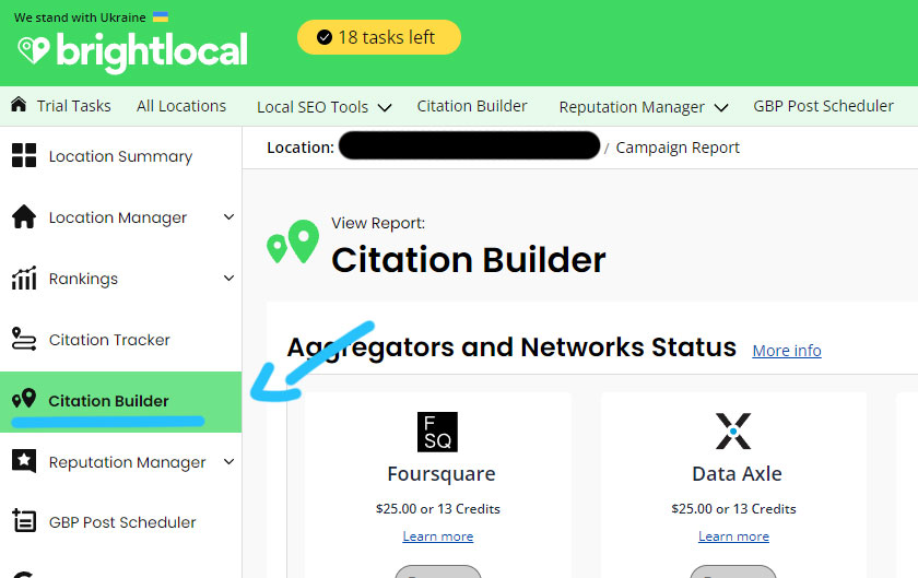 Brightlocal's interface with an arrow pointing to citations